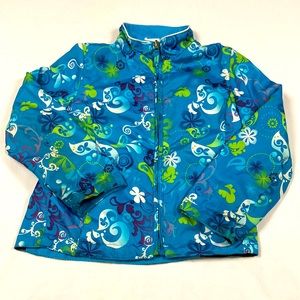 Girls reversible jacket with blue and black fleece and funky flower print size S